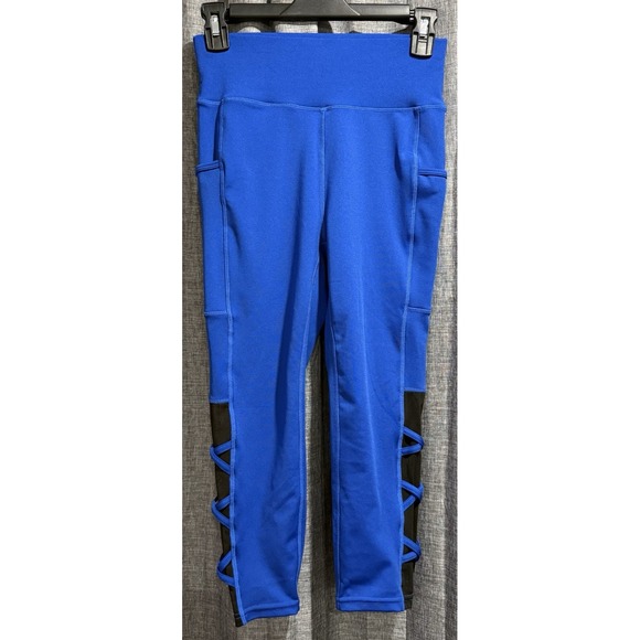 POP FIT Yoga Leggings Royal Blue Sheer Leg Criss/Cross Size S‎ Crop Pockets - Picture 1 of 10